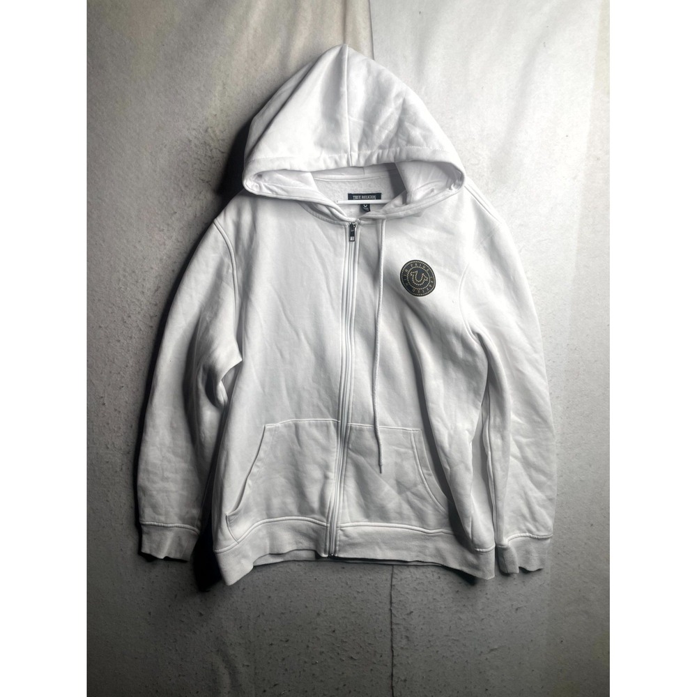 True Religion Hoodie Men XL White Cotton Fleece Full Zip Logo Crafted With Pride